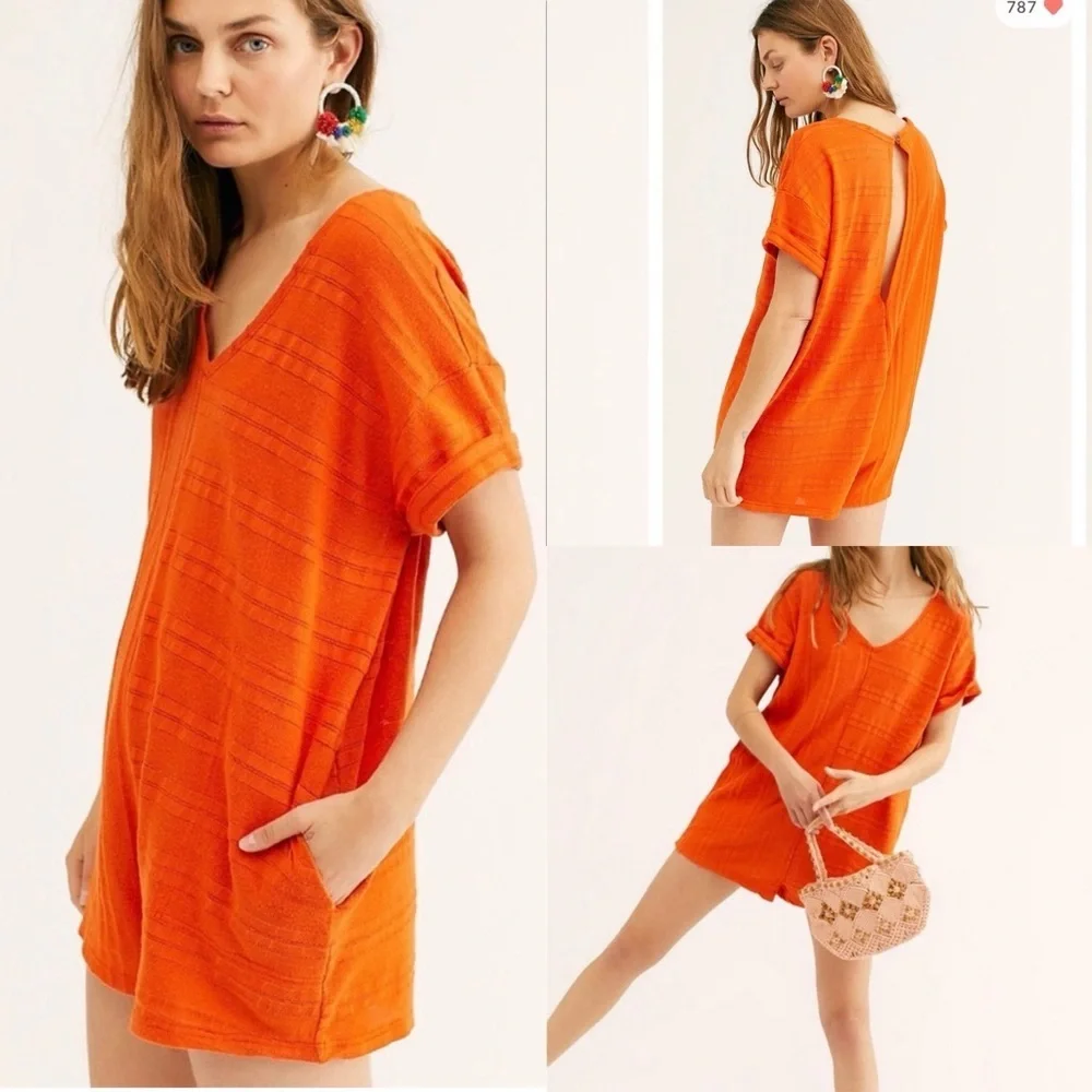 Free People Beach Size Small Belmont Orange Oversize Romper Open Back Slub Knit
